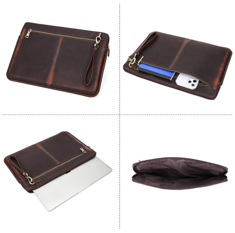 Retro Crazy Horse Leather Notebook Zipper Computer Bag - Gulf Trend