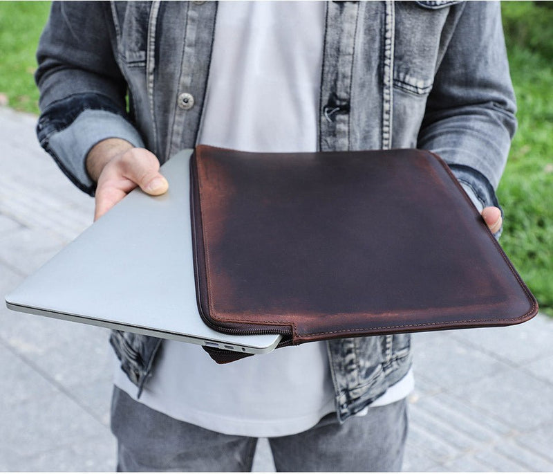 Retro Crazy Horse Leather Notebook Zipper Computer Bag - Gulf Trend